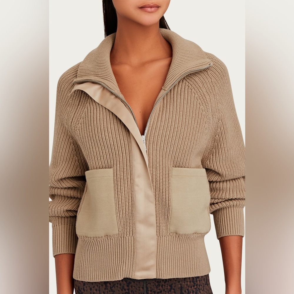 Varley Beige Zip-Front Ribbed Knit Sweater Jacket